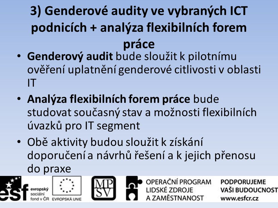 3) Genderové audity ve vybraných ICT podnicích + analýza flexibilních forem práce