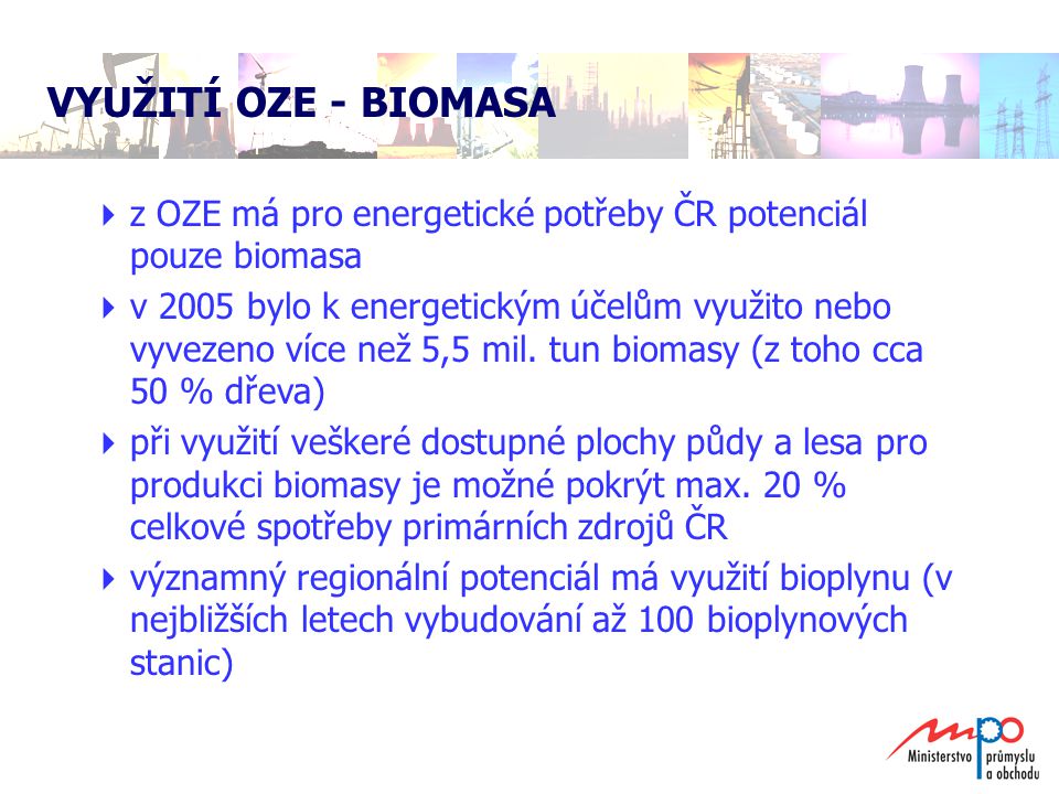 VYUŽITÍ OZE - BIOMASA z OZE má pro energetické potřeby ČR potenciál pouze biomasa.