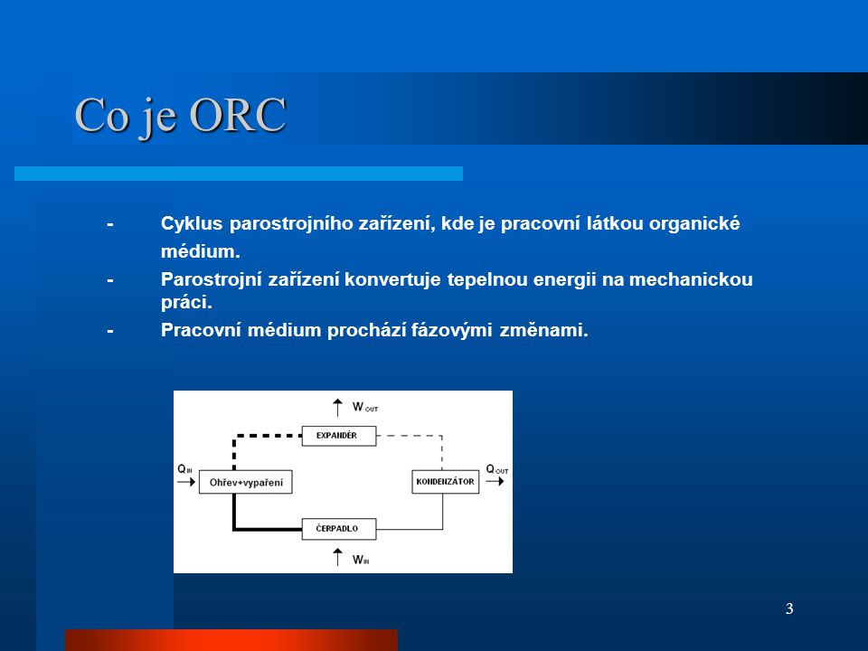Co je ORC - Cyklus parostrojního zařízení, kde je pracovní látkou organické médium.