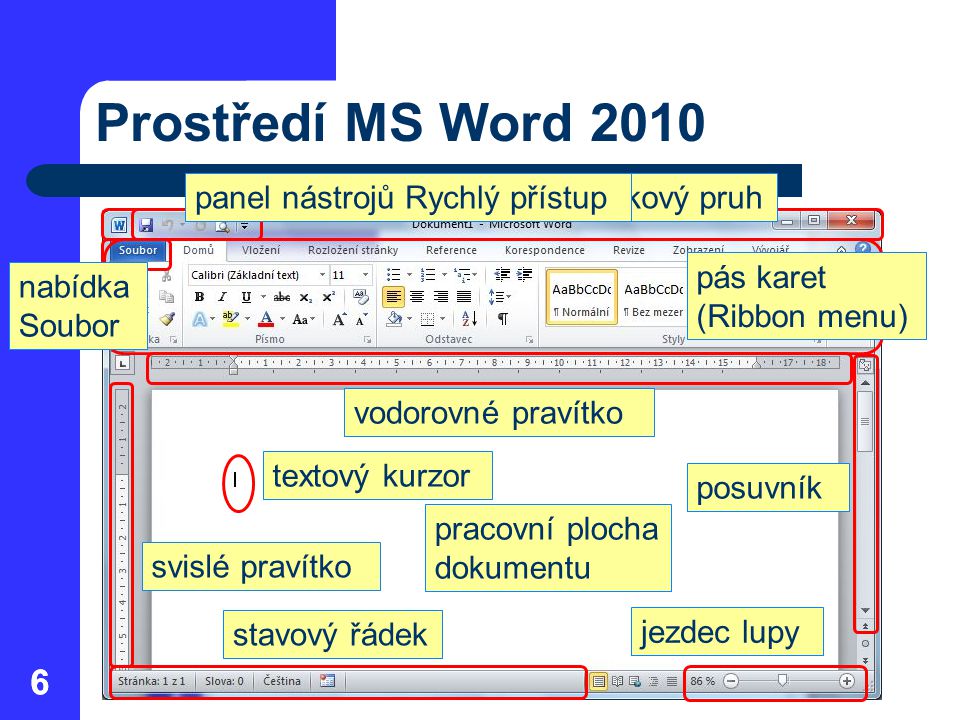 Prostředí MS Word panel nástrojů Rychlý přístup titulkový pruh