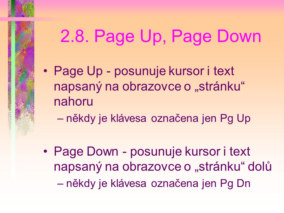 2.8. Page Up, Page Down Page Up - posunuje kursor i text napsaný na obrazovce o „stránku nahoru. někdy je klávesa označena jen Pg Up.
