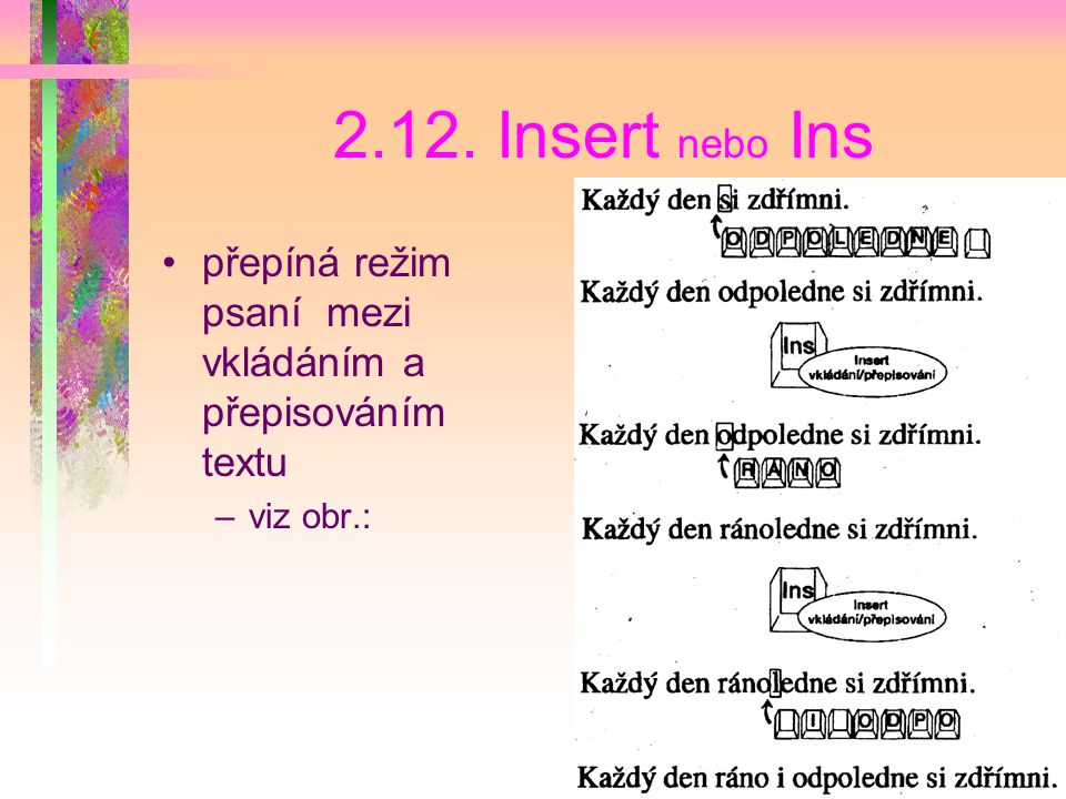 2.12. Insert nebo Ins přepíná režim psaní mezi vkládáním a přepisováním textu viz obr.: