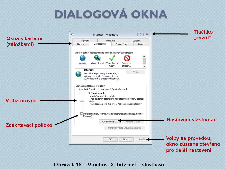 Dialogová okna Obrázek 18 – Windows 8, Internet – vlastnosti Tlačítko