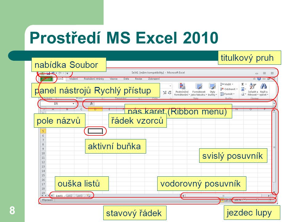 Prostředí MS Excel 2010 titulkový pruh nabídka Soubor