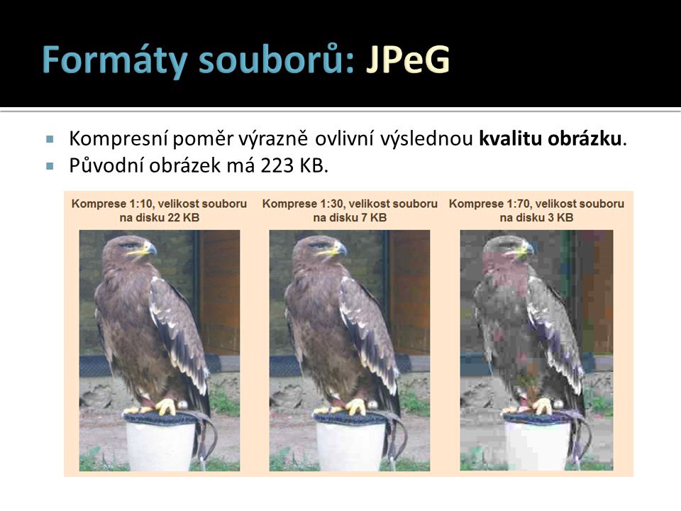 Formáty souborů: JPeG Kompresní poměr výrazně ovlivní výslednou kvalitu obrázku.