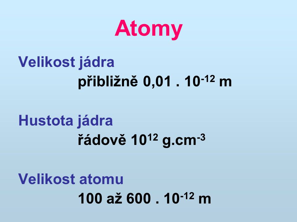 Atomy Velikost jádra přibližně 0, m Hustota jádra