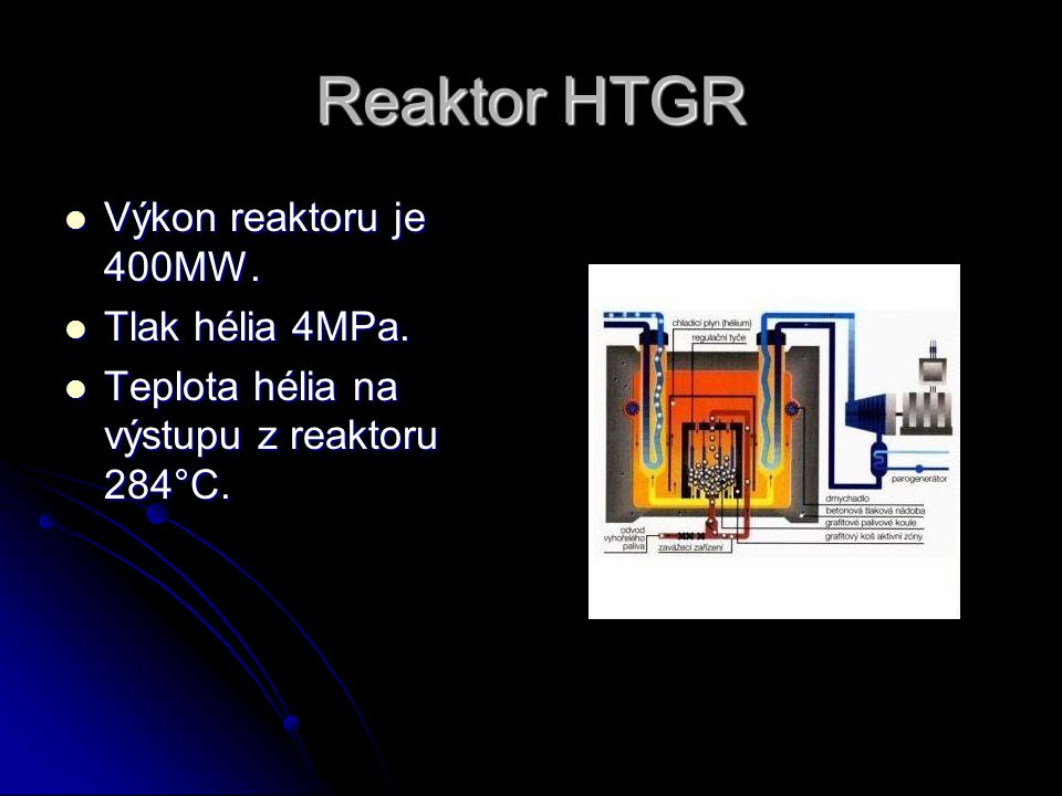 Reaktor HTGR Výkon reaktoru je 400MW. Tlak hélia 4MPa.