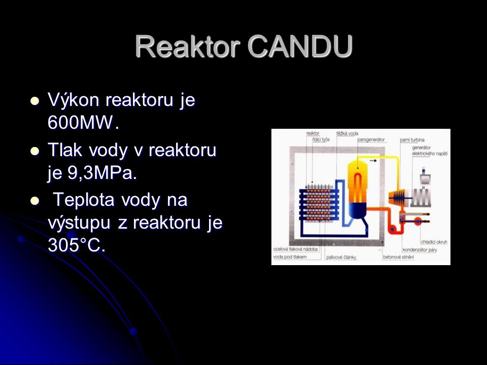 Reaktor CANDU Výkon reaktoru je 600MW. Tlak vody v reaktoru je 9,3MPa.