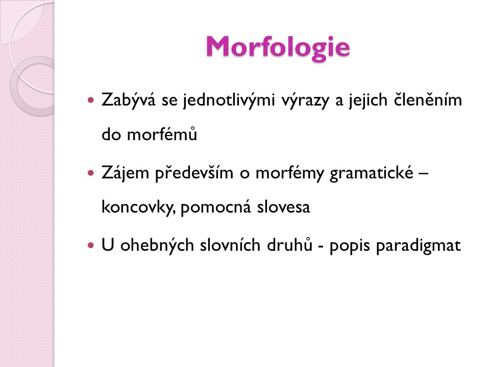 Morfologie Zabývá se jednotlivými výrazy a jejich členěním do morfémů