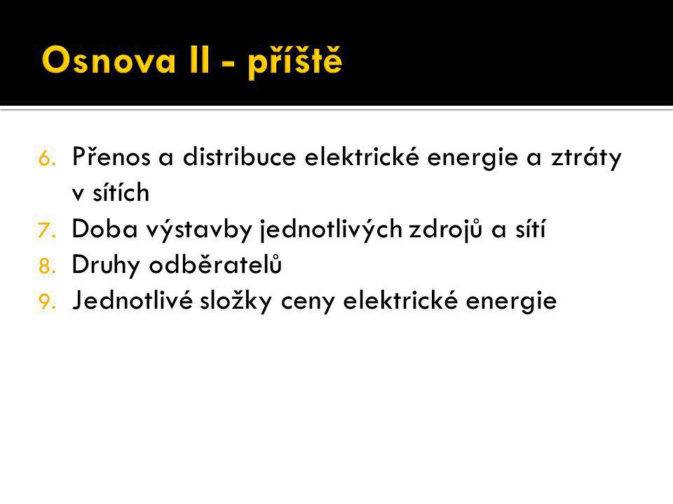 Osnova II - příště Přenos a distribuce elektrické energie a ztráty v sítích. Doba výstavby jednotlivých zdrojů a sítí.