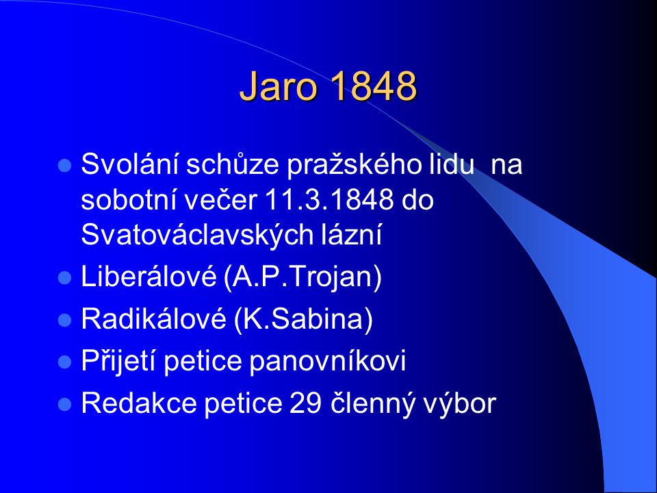 Jaro 1848 Svolání schůze pražského lidu na sobotní večer do Svatováclavských lázní. Liberálové (A.P.Trojan)