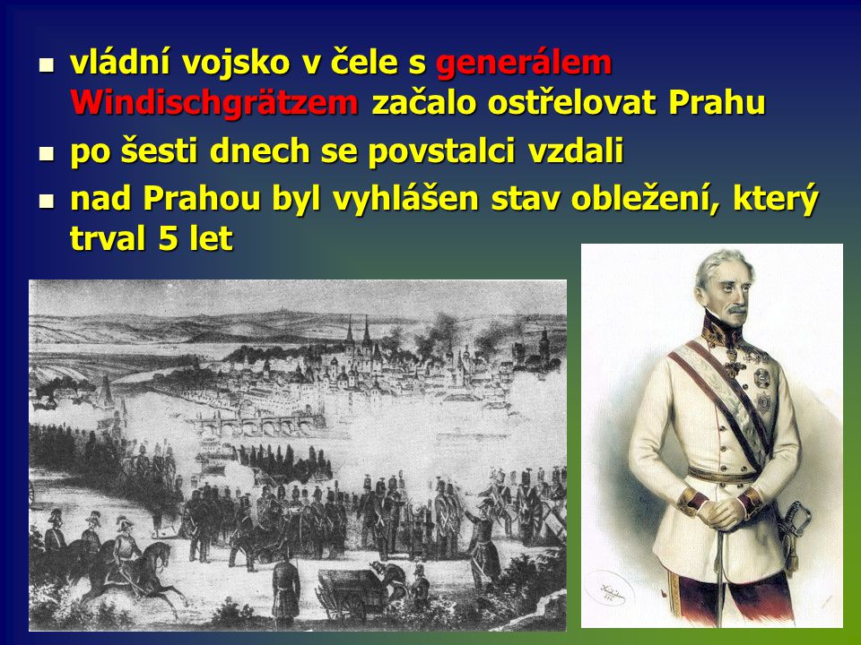 vládní vojsko v čele s generálem Windischgrätzem začalo ostřelovat Prahu