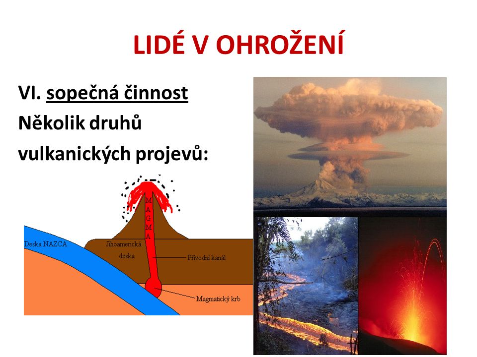 LIDÉ V OHROŽENÍ VI. sopečná činnost Několik druhů vulkanických projevů:
