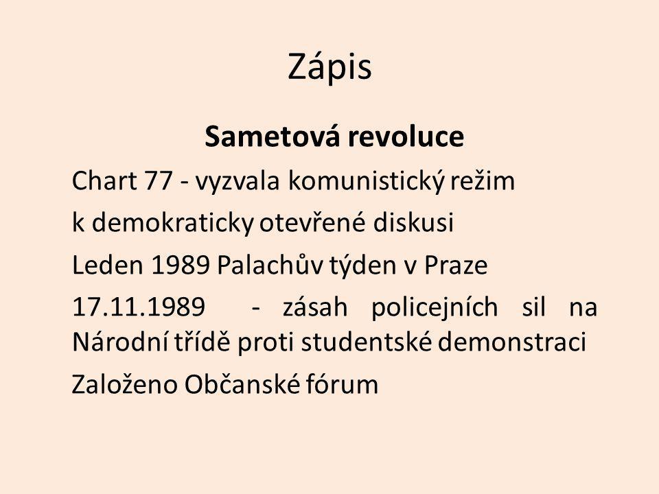 Zápis Sametová revoluce Chart 77 - vyzvala komunistický režim
