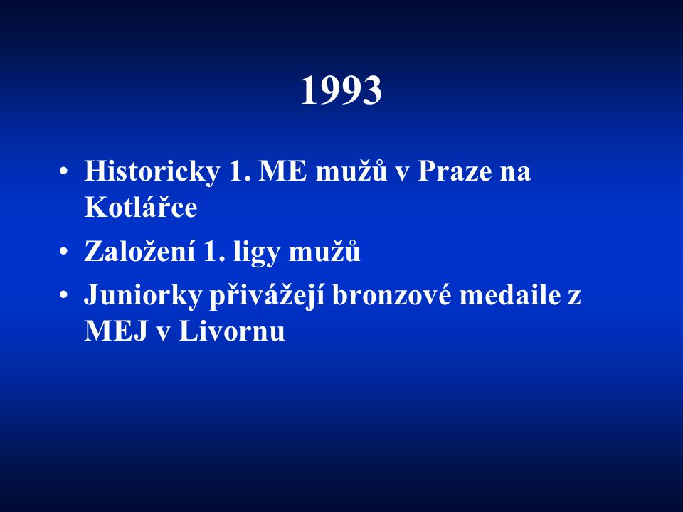 1993 Historicky 1. ME mužů v Praze na Kotlářce Založení 1. ligy mužů