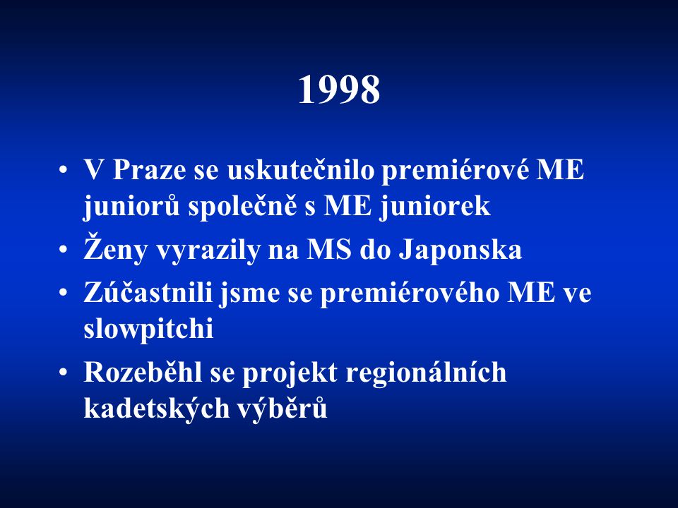 1998 V Praze se uskutečnilo premiérové ME juniorů společně s ME juniorek. Ženy vyrazily na MS do Japonska.