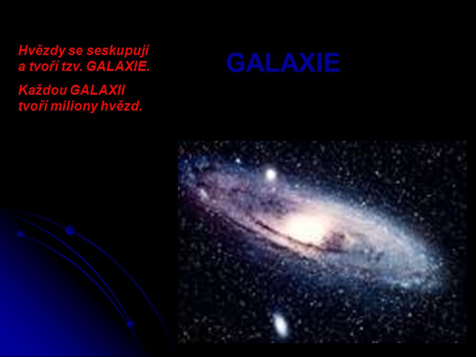 GALAXIE Hvězdy se seskupují a tvoří tzv. GALAXIE.