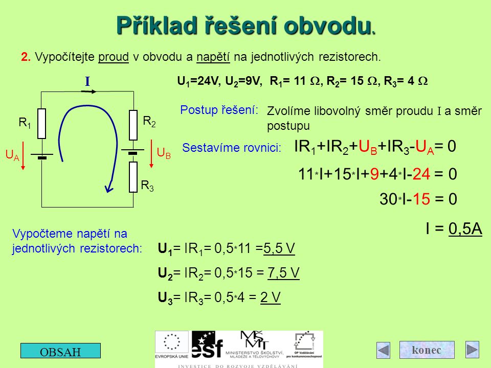 Příklad řešení obvodu. IR1+IR2+UB+IR3-UA= 0 11*I+15*I+9+4*I-24 = 0