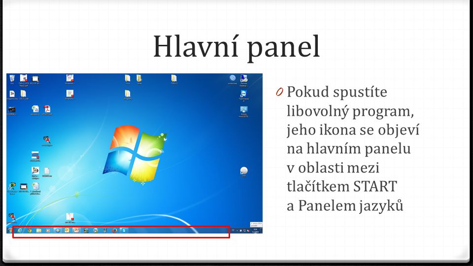 Hlavní panel Pokud spustíte libovolný program, jeho ikona se objeví na hlavním panelu v oblasti mezi tlačítkem START a Panelem jazyků.