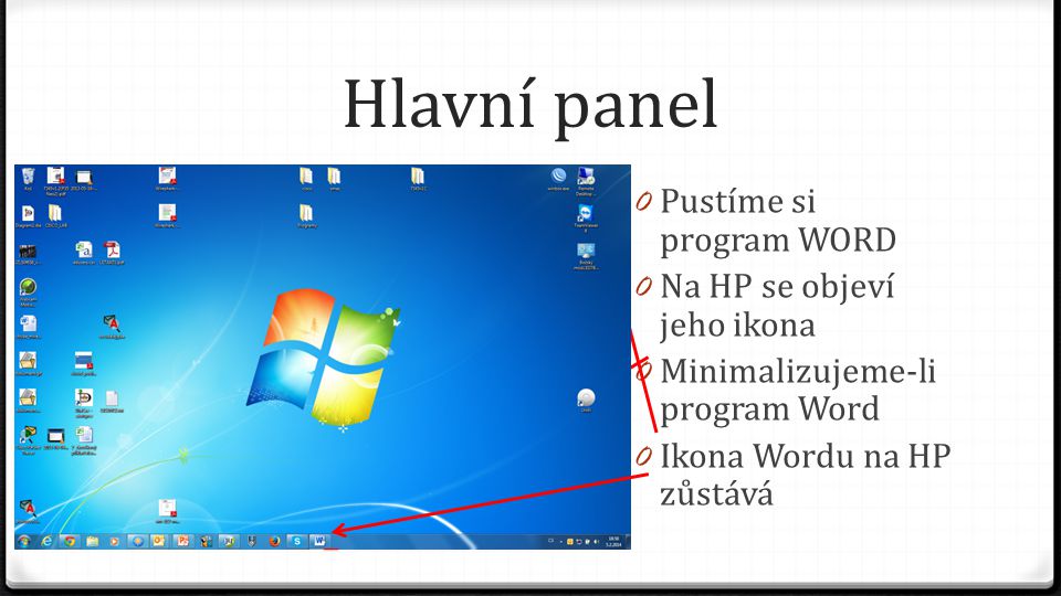 Hlavní panel Pustíme si program WORD Na HP se objeví jeho ikona