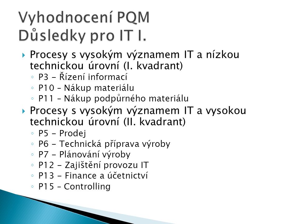 Vyhodnocení PQM Důsledky pro IT I.