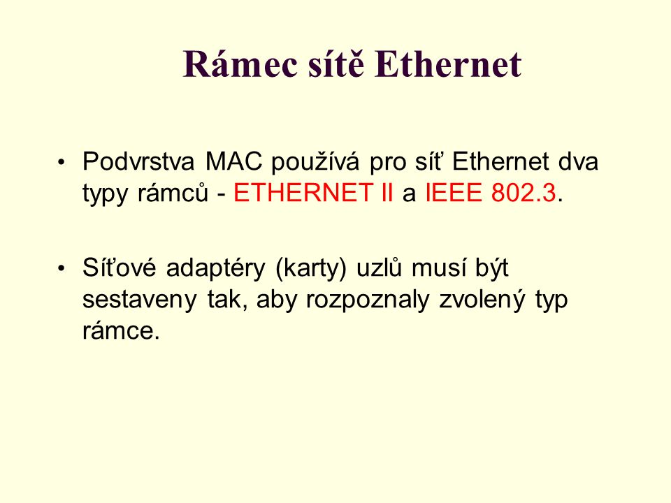 Rámec sítě Ethernet Podvrstva MAC používá pro síť Ethernet dva typy rámců - ETHERNET II a IEEE