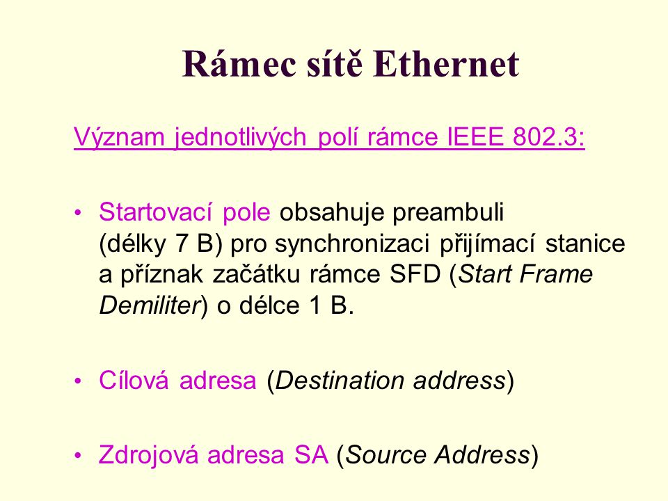Rámec sítě Ethernet Význam jednotlivých polí rámce IEEE 802.3: