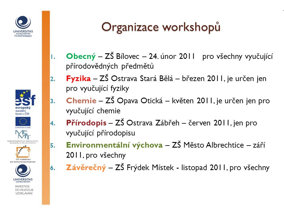 Organizace workshopů Obecný – ZŠ Bílovec – 24. únor 2011 pro všechny vyučující přírodovědných předmětů.