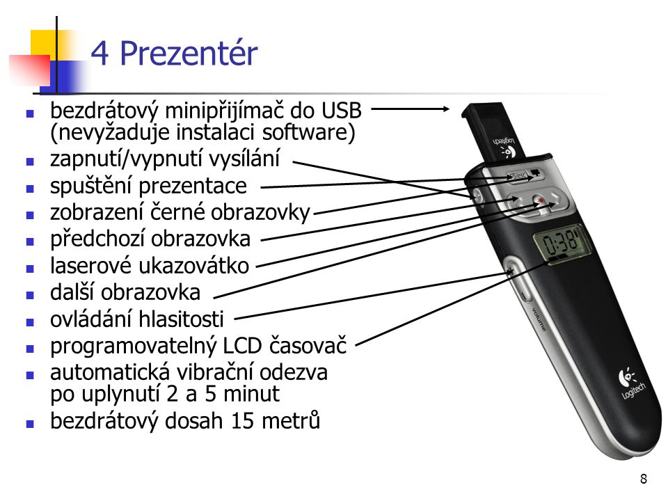 4 Prezentér bezdrátový minipřijímač do USB (nevyžaduje instalaci software) zapnutí/vypnutí vysílání.