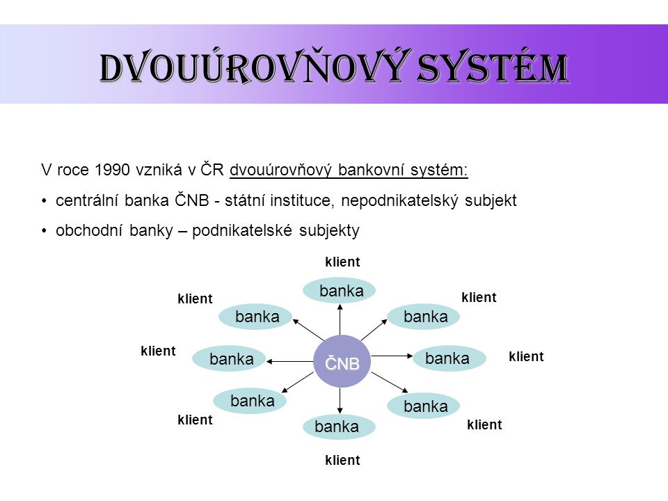 DvouúrovŇový systém V roce 1990 vzniká v ČR dvouúrovňový bankovní systém: centrální banka ČNB - státní instituce, nepodnikatelský subjekt.