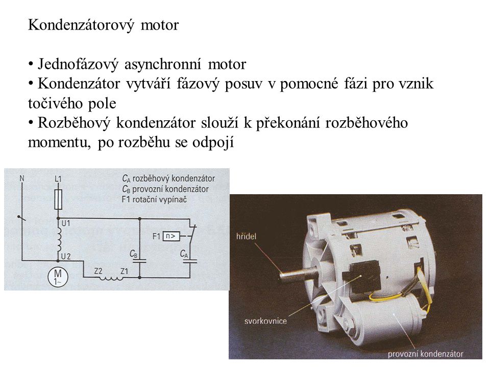 Kondenzátorový motor Jednofázový asynchronní motor. Kondenzátor vytváří fázový posuv v pomocné fázi pro vznik točivého pole.