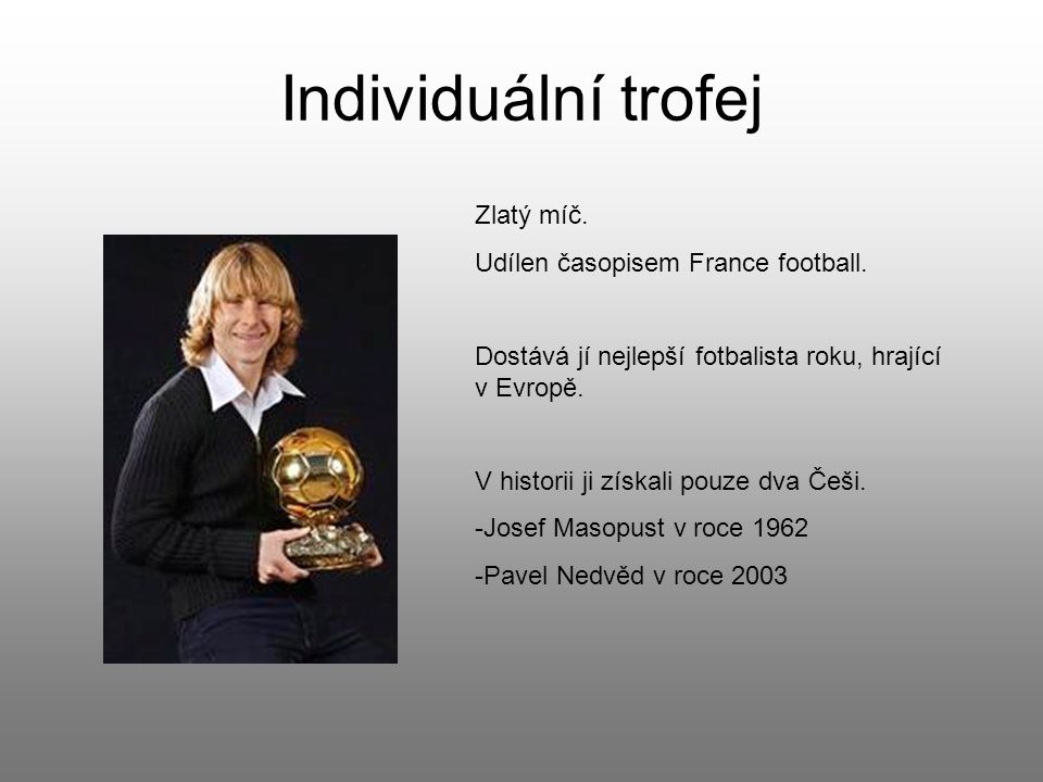 Individuální trofej Zlatý míč. Udílen časopisem France football.