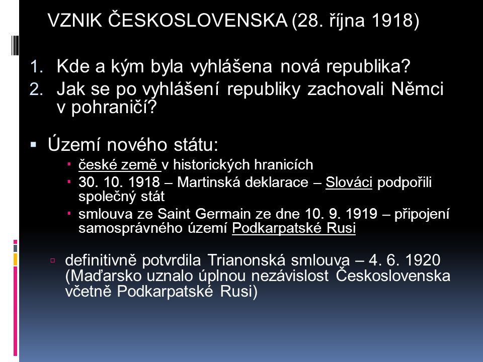 VZNIK ČESKOSLOVENSKA (28. října 1918)