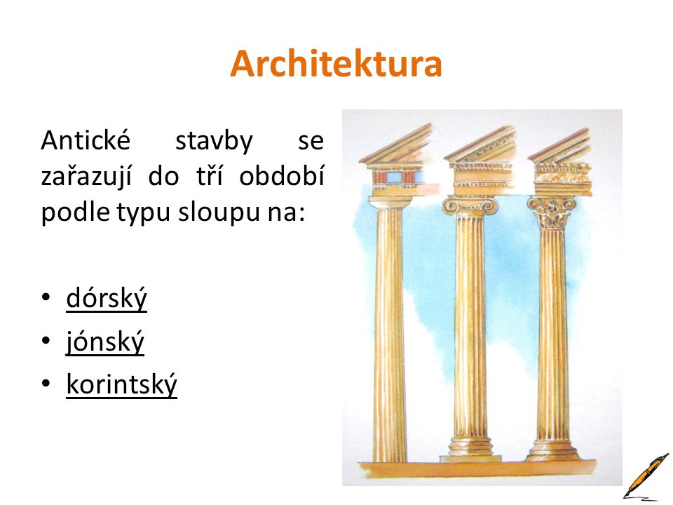 Architektura Antické stavby se zařazují do tří období podle typu sloupu na: dórský jónský korintský