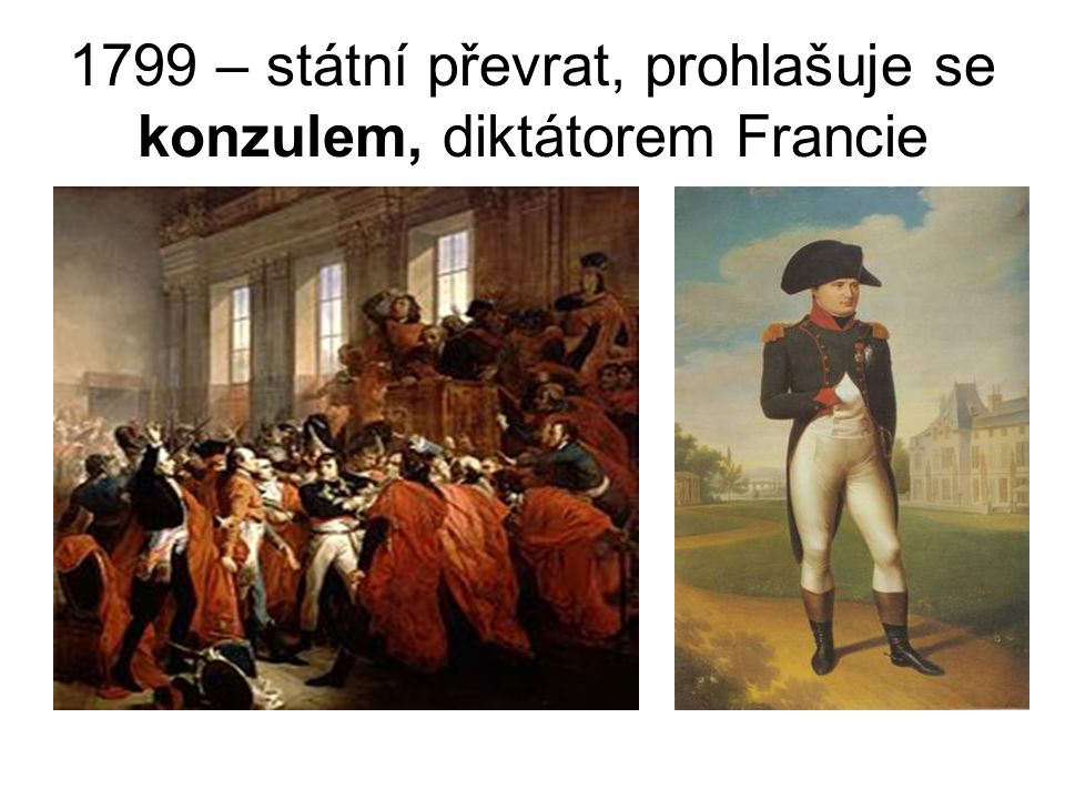 1799 – státní převrat, prohlašuje se konzulem, diktátorem Francie