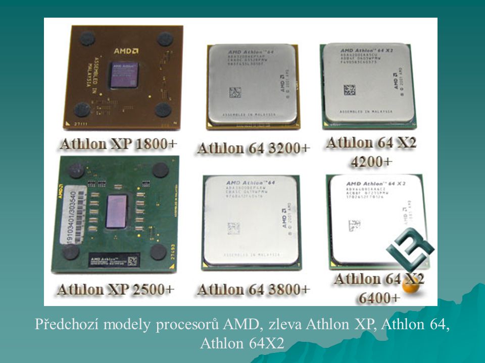 Předchozí modely procesorů AMD, zleva Athlon XP, Athlon 64, Athlon 64X2