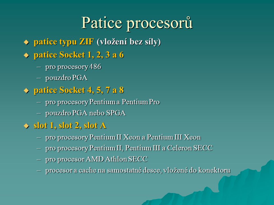 Patice procesorů patice typu ZIF (vložení bez síly)