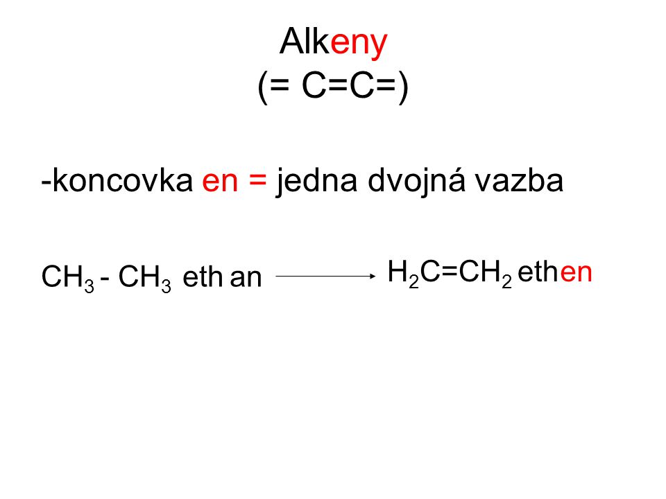 Alkeny (= C=C=) -koncovka en = jedna dvojná vazba H2C=CH2 eth en