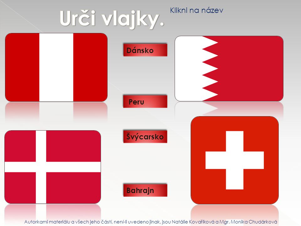 Urči vlajky. Klikni na název Dánsko Peru Švýcarsko Bahrajn