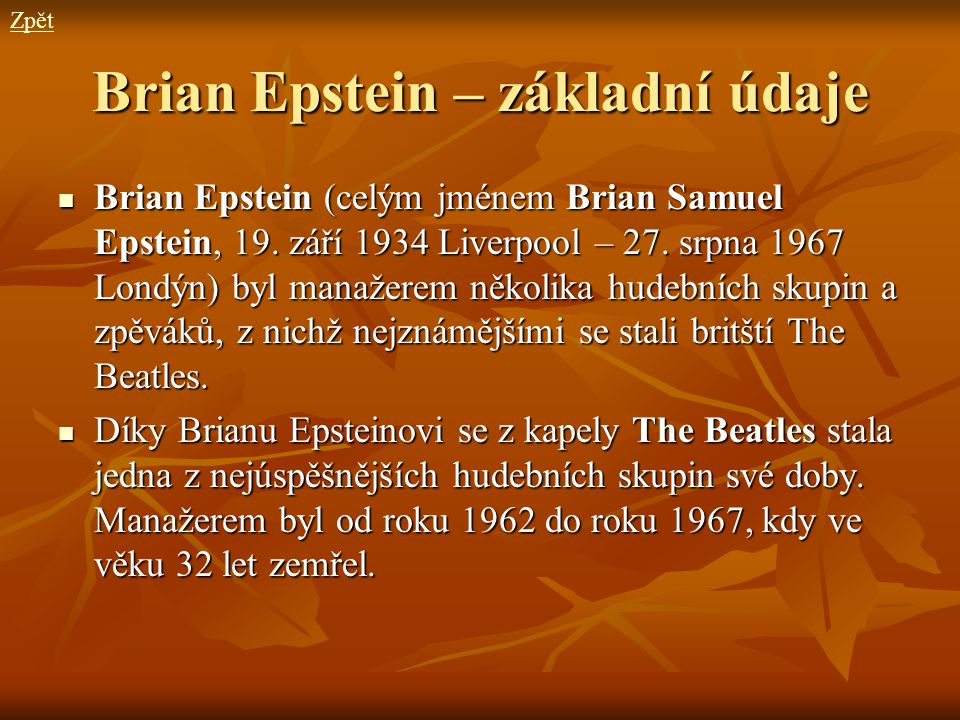 Brian Epstein – základní údaje