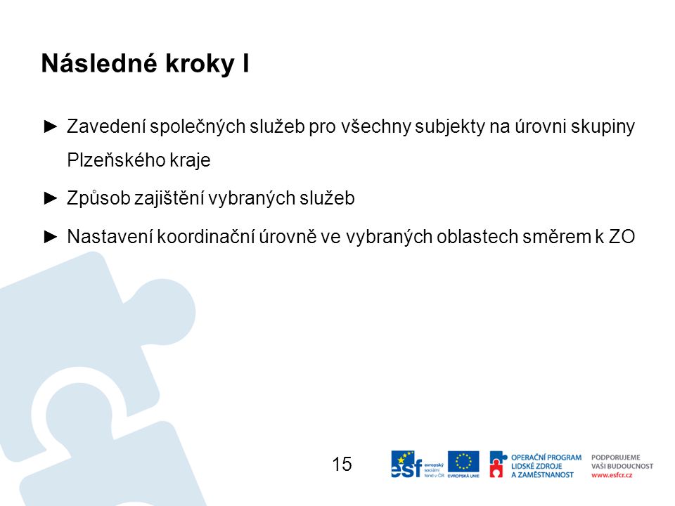 Následné kroky I Zavedení společných služeb pro všechny subjekty na úrovni skupiny Plzeňského kraje.