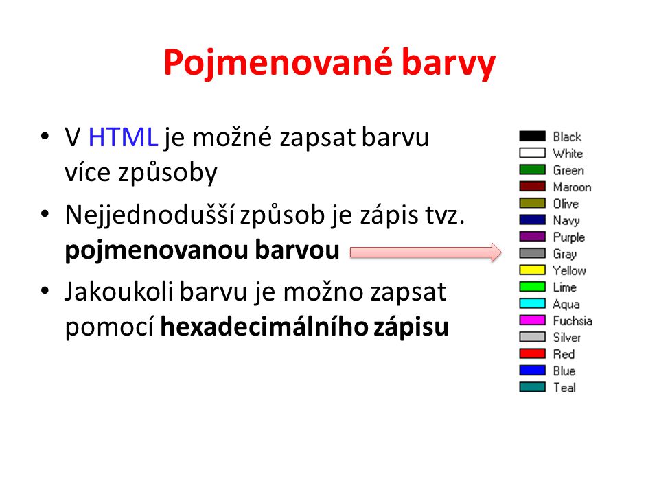 Pojmenované barvy V HTML je možné zapsat barvu více způsoby