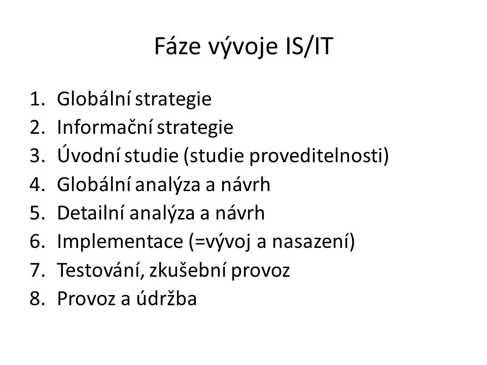 Fáze vývoje IS/IT Globální strategie Informační strategie