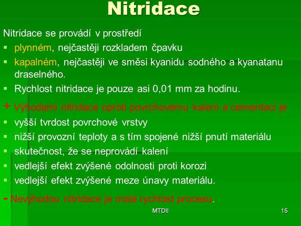 Nitridace Nitridace se provádí v prostředí. plynném, nejčastěji rozkladem čpavku.
