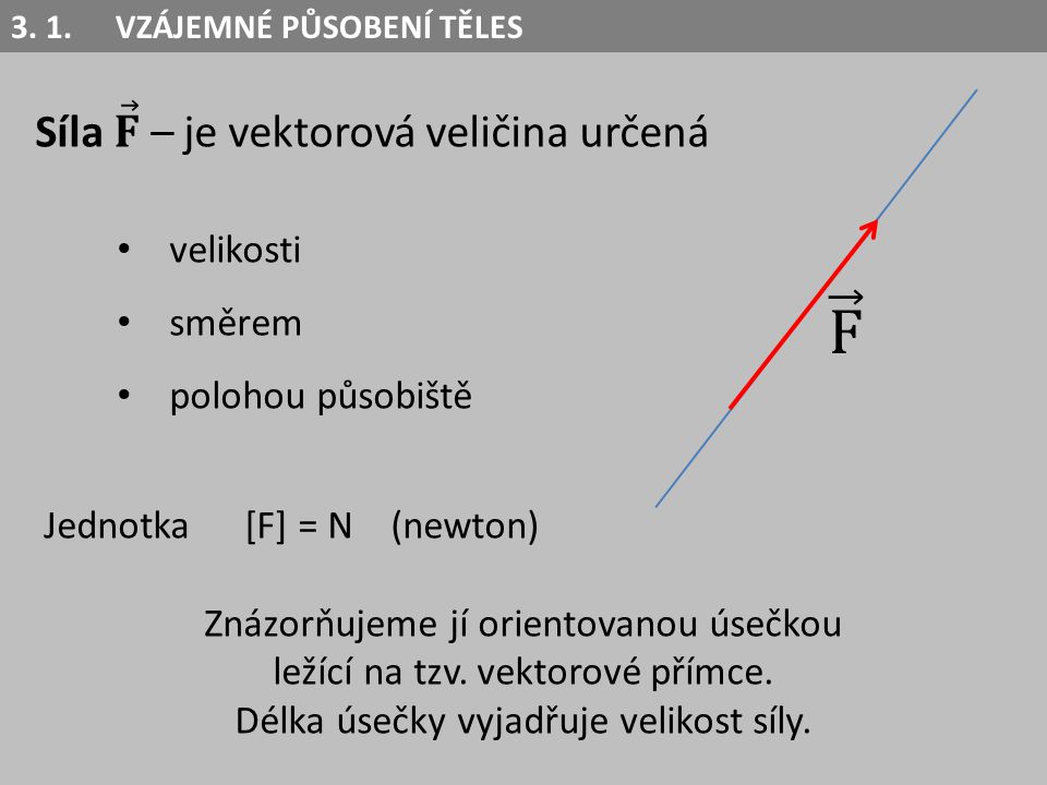 F Síla 𝐅 – je vektorová veličina určená velikosti směrem
