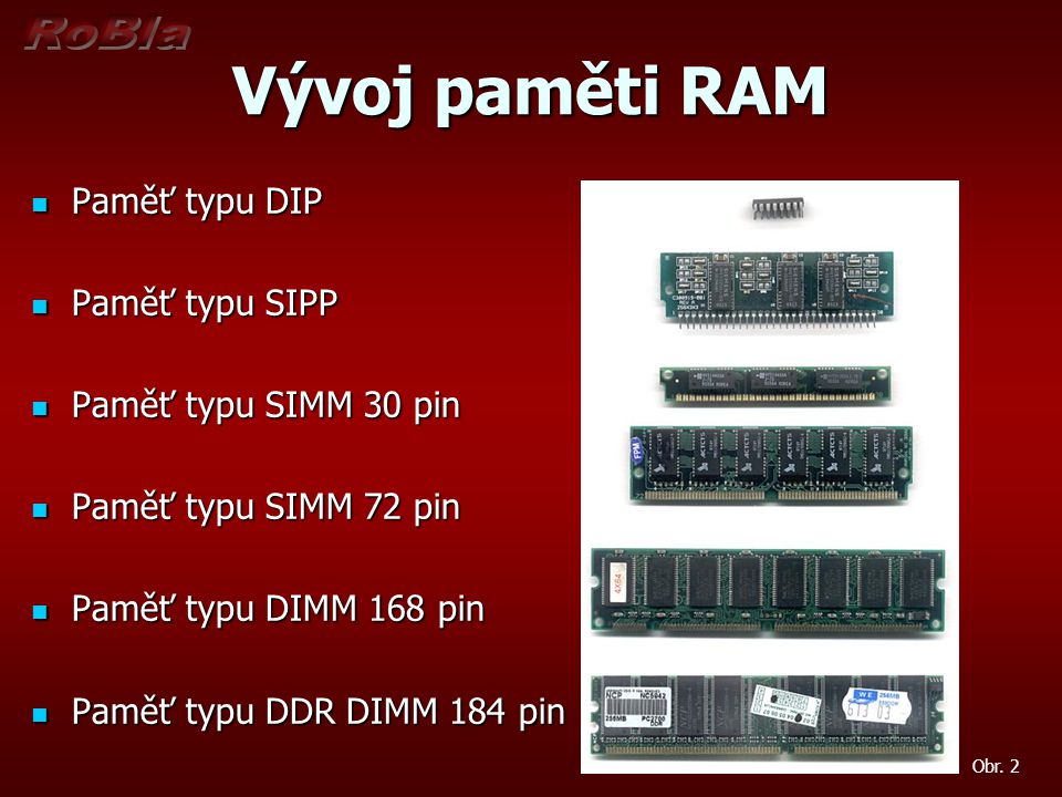 Vývoj paměti RAM Paměť typu DIP Paměť typu SIPP Paměť typu SIMM 30 pin