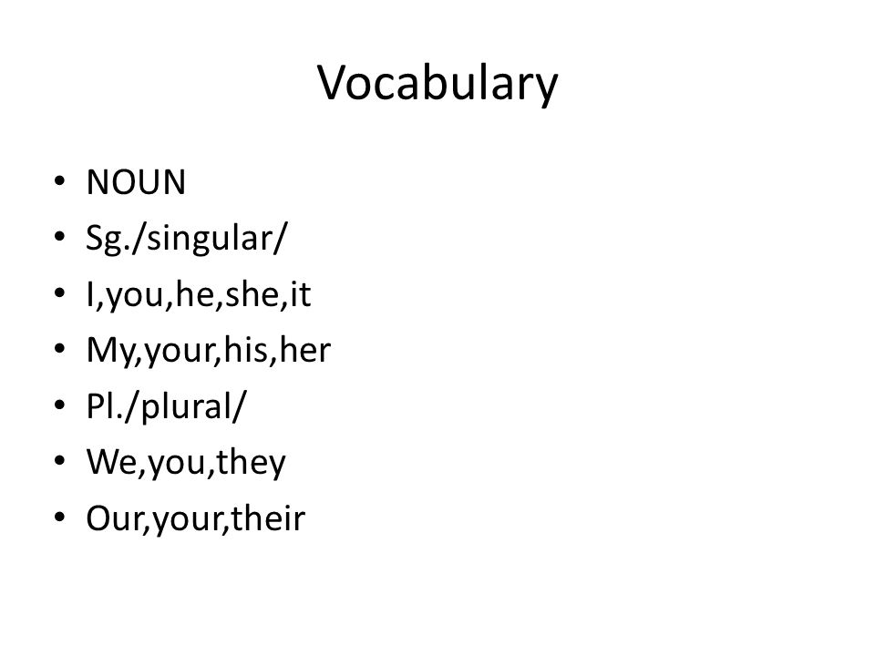 Vocabulary NOUN Sg./singular/ I,you,he,she,it My,your,his,her