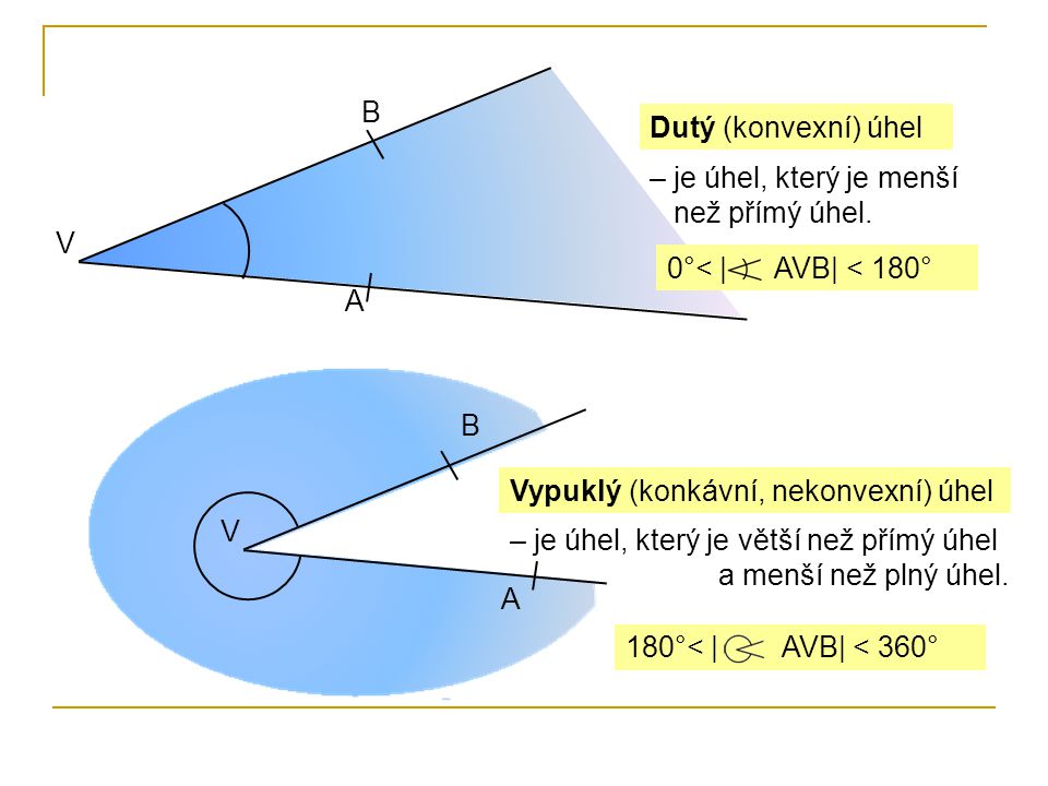 B Dutý (konvexní) úhel. – je úhel, který je menší než přímý úhel. V. 0°< | AVB| < 180° A.