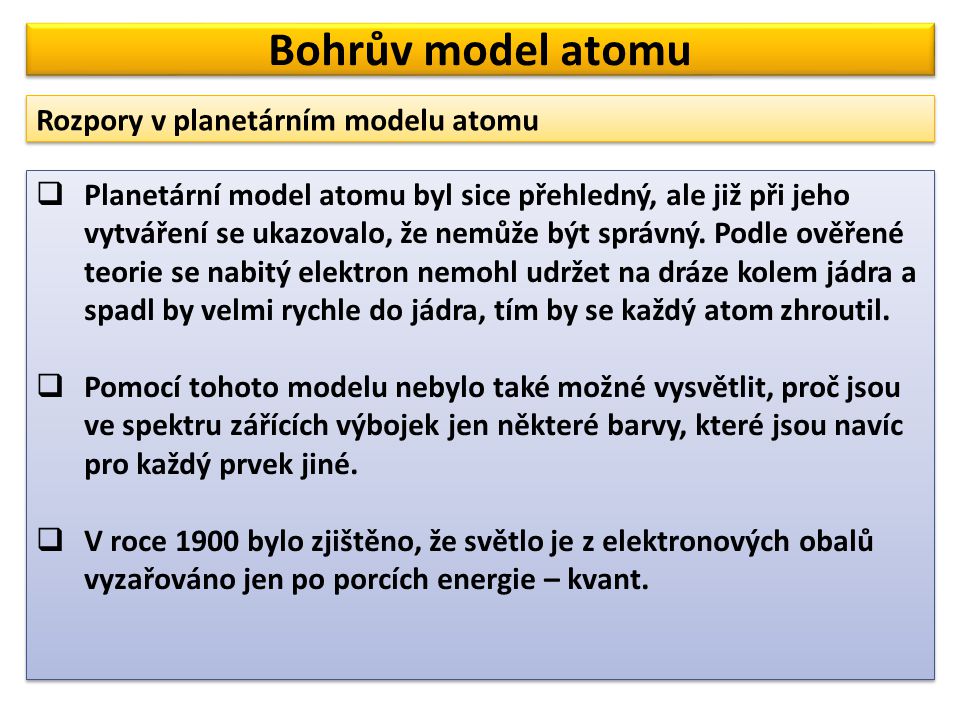 Bohrův model atomu Rozpory v planetárním modelu atomu