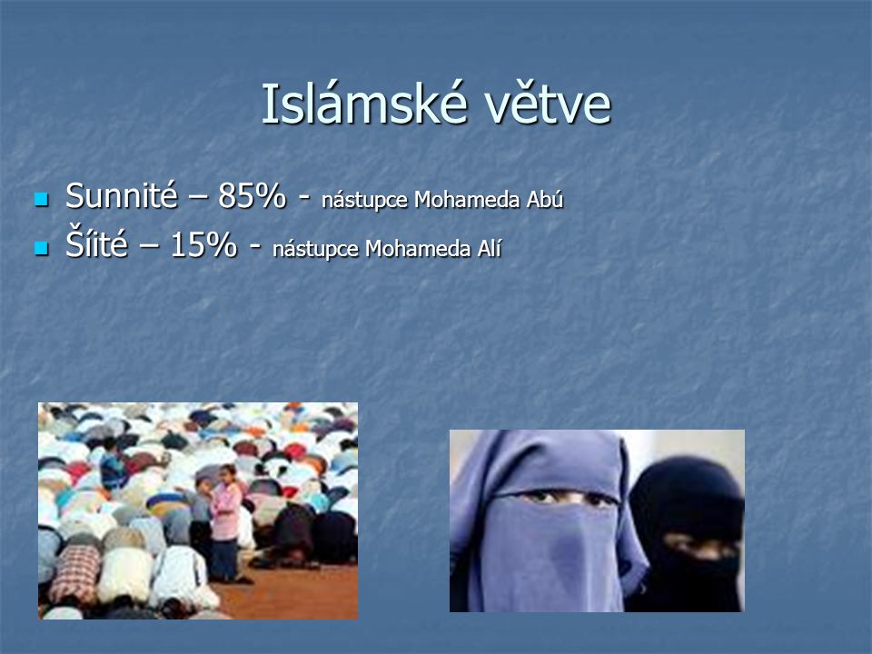 Islámské větve Sunnité – 85% - nástupce Mohameda Abú